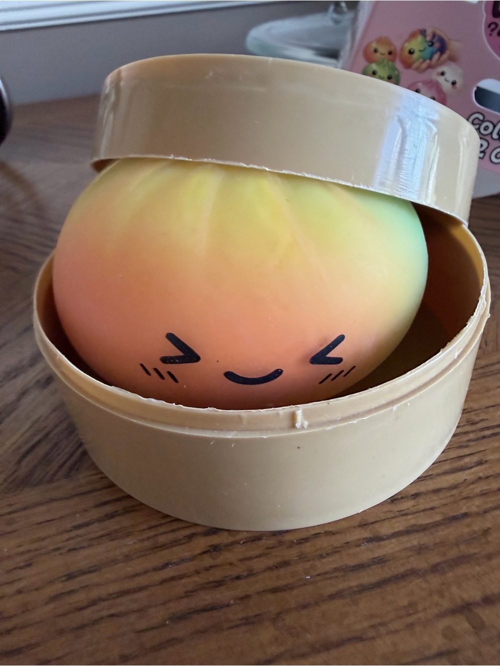Dumpling Rainbow Squishy in Round Beige steamer box new, opened to show color
